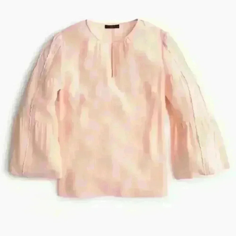 J Crew Embroidered Bell Sleeve Long Sleeve 100% Silk Blouse